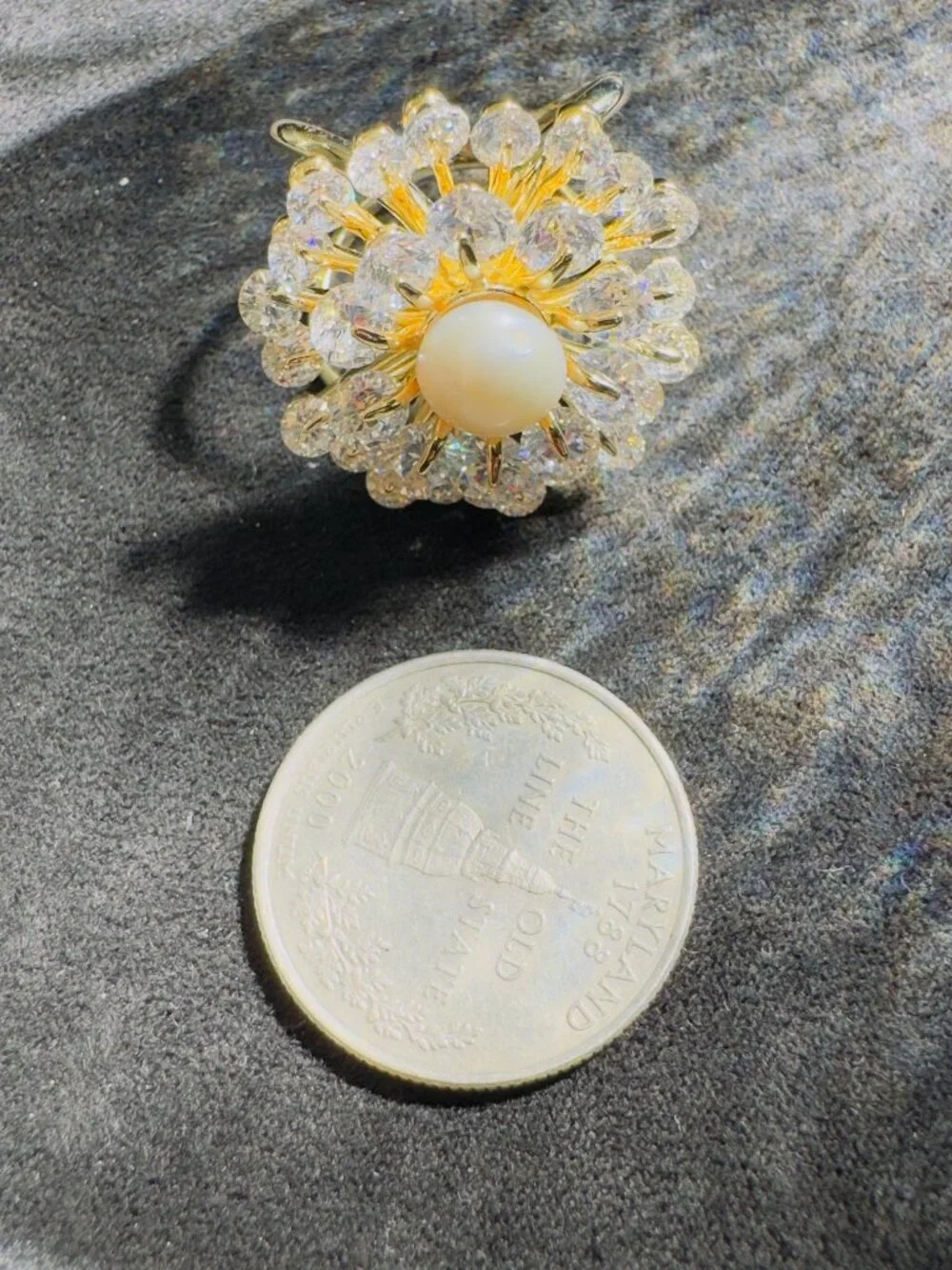 Sparkling CZ Flower Scarf Ring Pearl Center 2-in-1